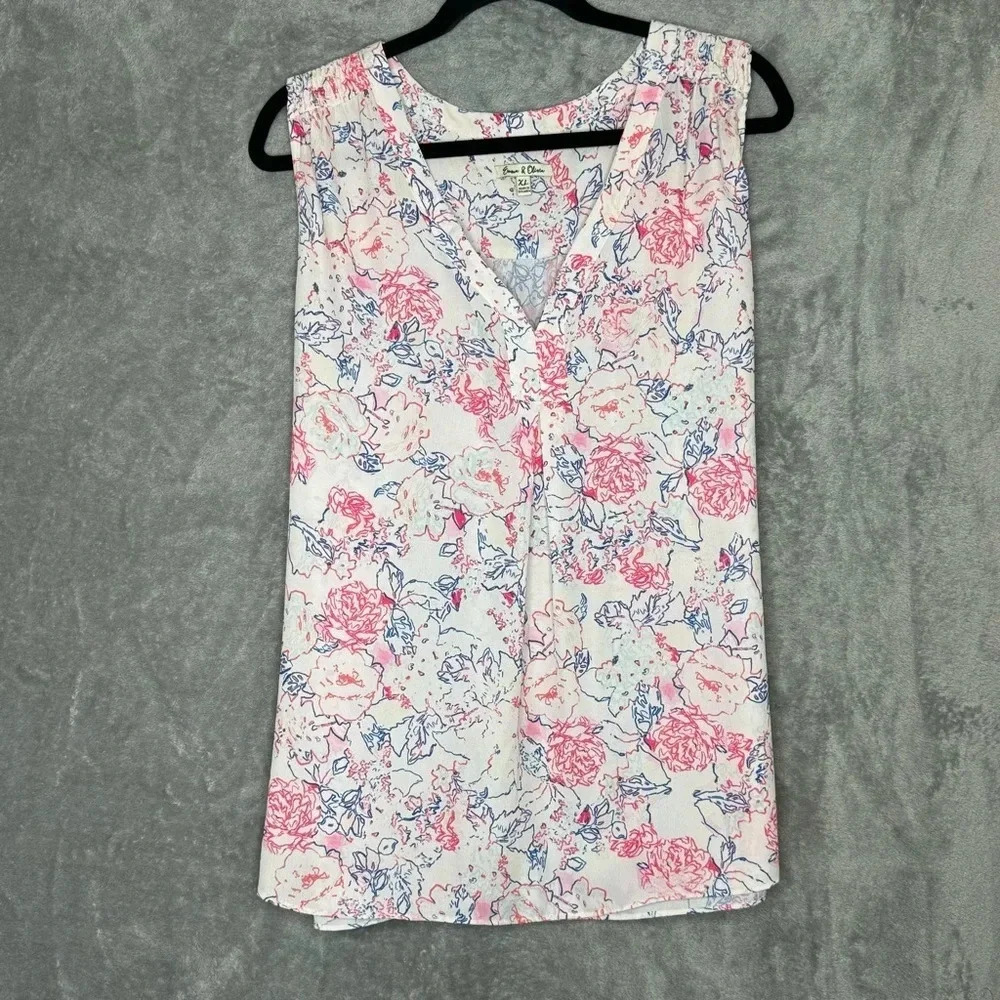 Emma & Olivia XL Tank Top Shirt Pink Floral Flower Sleeveless Henley V Neck